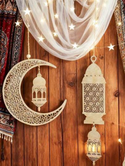 1/2 chiếc mặt dây chuyền hình trăng lưỡi liềm Ramadan/Eid Al-Fitr/Eid Al-Adha/Eid Mubarak bằng gỗ rỗng, trang trí Ramadan, đèn treo hình trăng sao, trang trí lễ hội Hồi giáo Ramadan, trang trí nhà cửa, phòng ngủ, bàn.