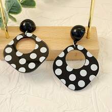 Vintage & Fashionable Minimalist Acrylic Black & White Polka Dot Geometric Drop Earrings - Bohemian Diamond & Gothic Style, Perfect For Parties, Vacations & Christmas - 黑色背景白色圓點 + 2 PCS - 查看 6