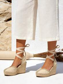 Women's Espadrille Sandals With Platform And High Wedge Heel, Comfortable High Platform And Bohemian Wedge Heel In Braided Wicker Jute Sandals, Ideal For Work, Leisure And Vacations, Versatile For Everyday Wear - 杏色 - 查看 4