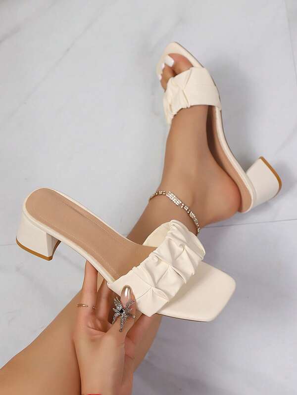 Pleated Square Toe Chunky Heel Mule Slides, Minimalist Commuter Style For Casual, School, Outing With Friends, White High Heel Sandals, Black High Heel Sandals