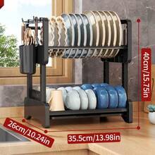 Escurreplatos, escurridor de cocina de 2 niveles, escurreplatos grande con bandeja de goteo, escurridor de platos con soporte para utensilios para platos/cuchillos/tazas/escurreplatos de Pascua - Negro - Ver 11