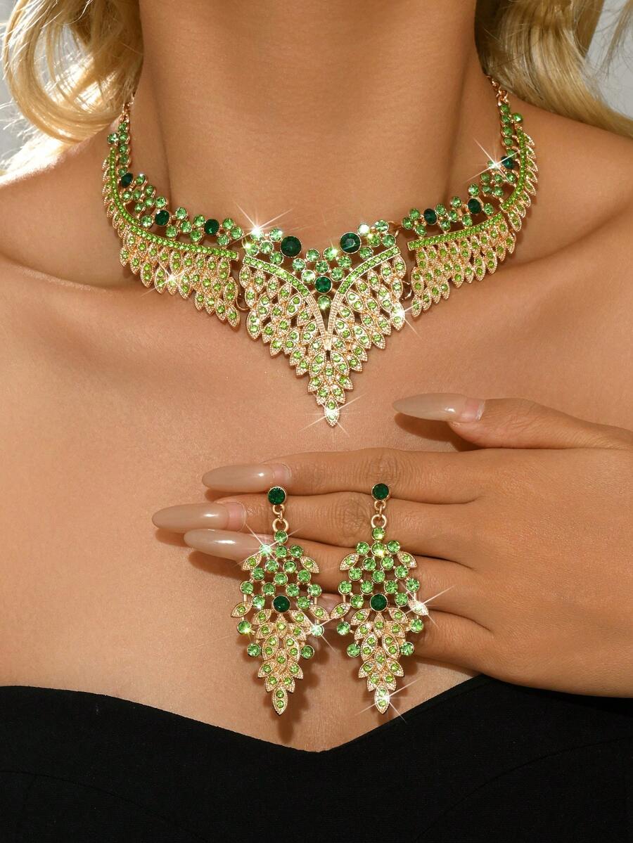 3件套几何不规则形状新娘女士时尚闪亮水晶项链套装，奢华珠宝套装，适合婚礼、高端宴会、高端晚礼服。 - 首飾套裝 - 查看 1