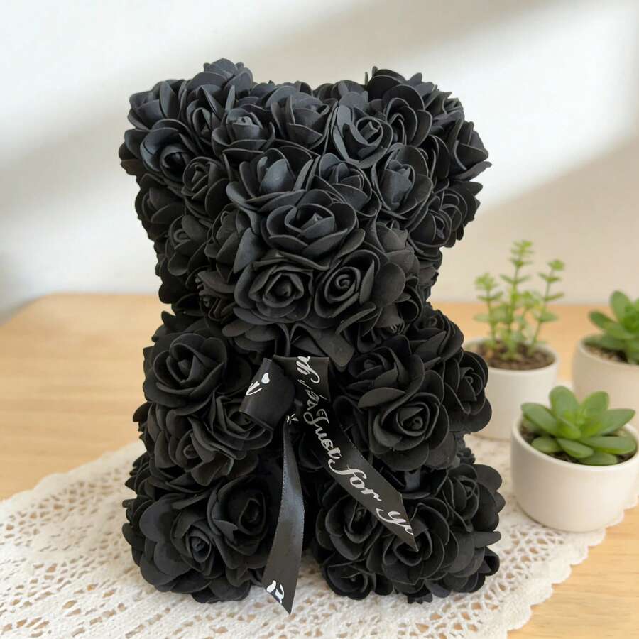 1 pieza Oso de peluche de rosa negra hecho de rosas de espuma artificial, oso de peluche de plástico, adecuado como regalo para el Día de San Valentín, Día de la Madre, Aniversario, Boda, Cumpleaños, Navidad, Graduación, Año Nuevo, Primavera, para amigos, mamás, amantes, novias, oficina, sala de estar, vestíbulo, dormitorio, estudio, cocina, hotel, accesorio para mochila/bolso, decoración de fiesta - Negro - Ver 1