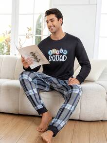 男士印花圆领长袖休闲舒适家居睡衣套装，春秋季 - 彩色 - 查看 1