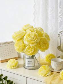 6/36支人造牡丹花带茎，适用于婚礼派对装饰、蛋糕装饰、家居客厅餐桌装饰、仿真植物、秋季装饰、房间装饰、书桌装饰、花园装饰等。 - 黃色 - 查看 2