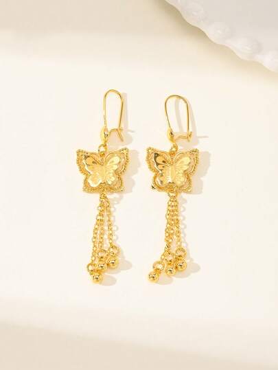 1对女士金色蝴蝶耳环，优雅流苏设计，饰以蝴蝶花卉图案，轻盈时尚，适合日常和派对佩戴。
