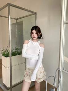 性感荷叶边露肩修身长袖上衣 - 白色 - 查看 4