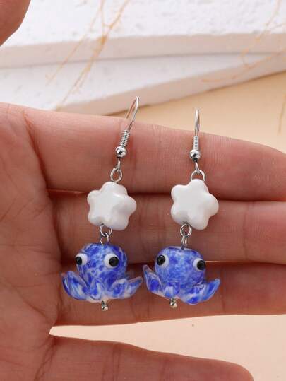 1 par de pendientes hechos a mano con colgante de pulpo de vidrio soplado y pentagrama de cerámica, estilo de vacaciones oceánicas, elegante y dinámico, adecuado para viajes, playa, mercado, fiesta