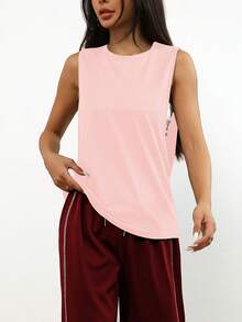 Top holgado y cómodo de unicolor sin mangas, adecuada para uso diario, correr, casual, fitness, primavera/verano - Rosa Pálido - Ver 6