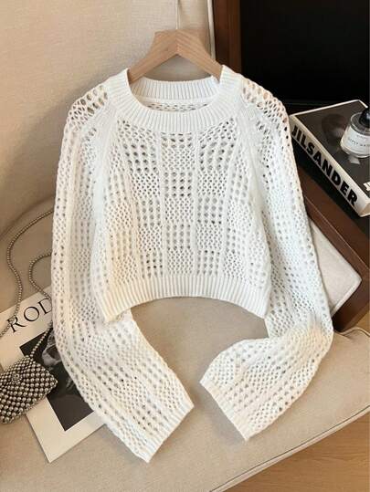 Áo croptop nữ màu trơn thiết kế khoét rỗng gợi cảm, áo len dệt kim tay raglan ngắn độc đáo, áo khoác ngoài tay dài thời trang.