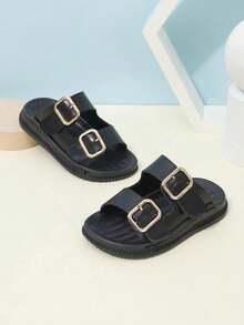 Kids Fashion Dual-Tone Buckle Flat Slippers, Easy Slip-On Sandals For Toddlers & Children - Black - View 1