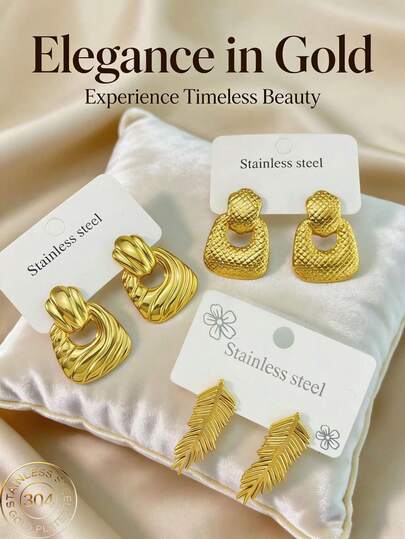 不锈钢耳环，金色几何造型不锈钢饰品，女士耳环，垂体耳环，镀金铰链圆形耳环，竹节纹理，钻石切割，六边形，方形，圆形，心形，水滴形，蝴蝶形，叶子，花朵，不规则形状，坚固耐用的低过敏性耳环，适合敏感耳，女士魅力配饰，中东时尚饰品，斋月装饰饰品，派对和节日礼物（1/3对）