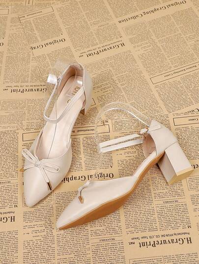 优雅蝴蝶结装饰女士尖头粗跟高跟鞋，女士露趾粗跟凉鞋