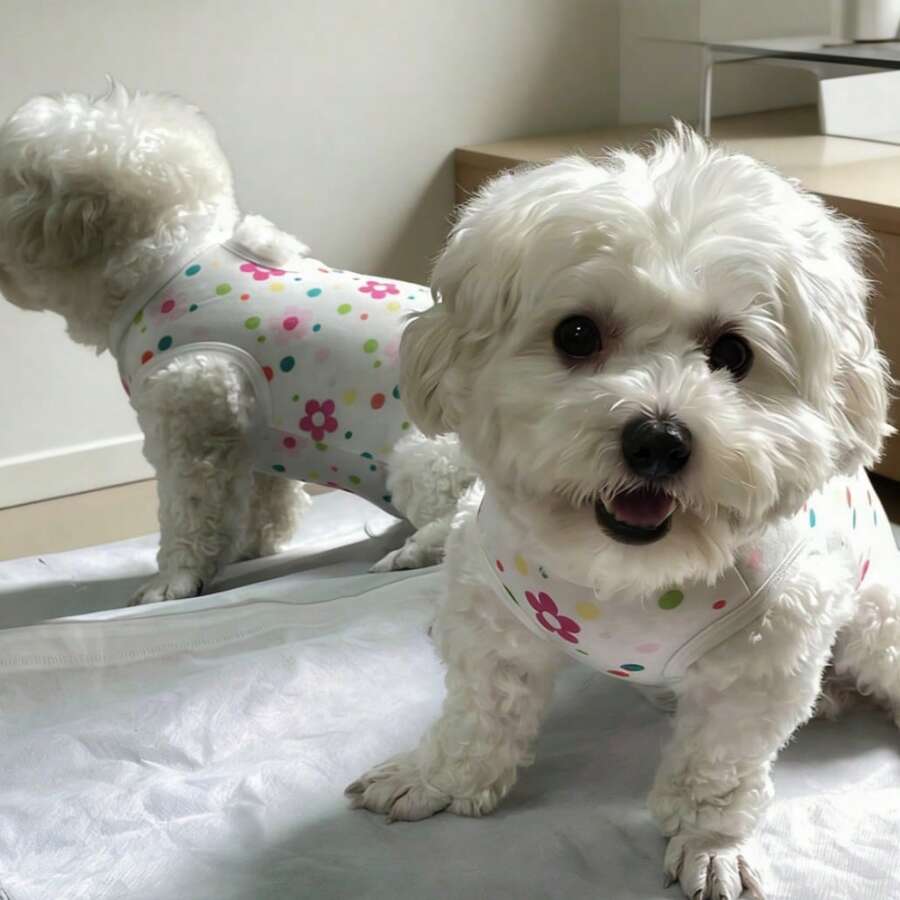 猫咪绝育手术服、带肩带的护理服、猫咪防舔舐服、狗狗绝育手术服、狗狗腹部包扎带、狗狗睡衣、小型犬背心、贵宾犬/泰迪熊术后防护服 - 白色 - 查看 1