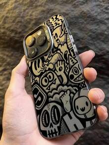 奢华彩绘涂鸦支架手机壳，黑金涂鸦线条商务亚克力UV彩绘线条卡通纯色亚克力防摔手机硬壳，兼容 17、16、15、14、13、S26、S25、S24、荣耀400Lite、200Pro、荣耀A5、X9、X8、X6、9X以及Smart 6/7/8/9/10、14T、15T Pro，春季生日礼物 - 黑色ch - 查看 1