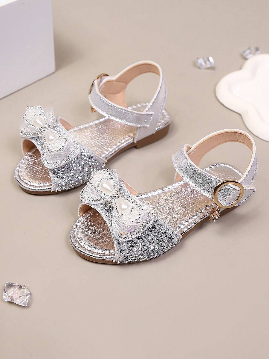 2026 Summer Girls' Rhinestone Bow Princess Sandals, Soft Sole Non-Slip Children's Performance Shoes - Silver - View 1