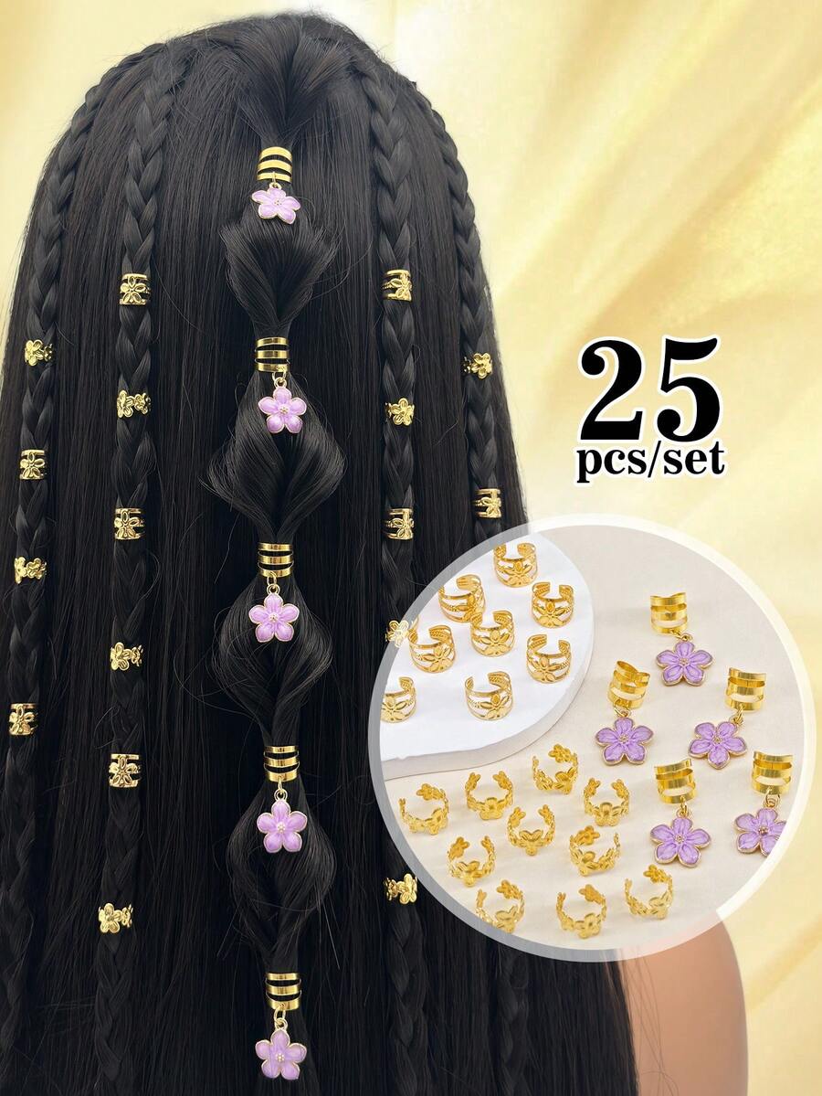 25pcs Alloy Purple Flower Hair Clips, Y2K Punk Hip Hop Hair Accessories, Summer Gift Party & Daily Use Hair Ties & Clips, Hair Claws, Hair Slide, Hair Barrettes, Hairpin - Gold - View 1