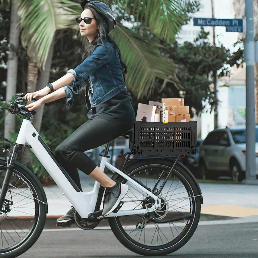 Bike Basket Rear, Folding Large Capacity Rear Bike Baskets, Collapsible Bicycle Storage Bike Milk Crate Rear Rack,Waterproof Cover For Shopping,Outings,Pets E-Bike Accessories (Black) - Black - View 1