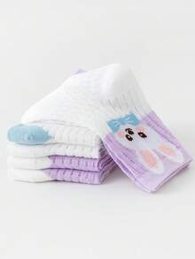 5 Pairs Girls' Breathable Thin Mesh Socks, Cute Cartoon Purple Children's Socks, Spring/Summer - Multicolor - View 7