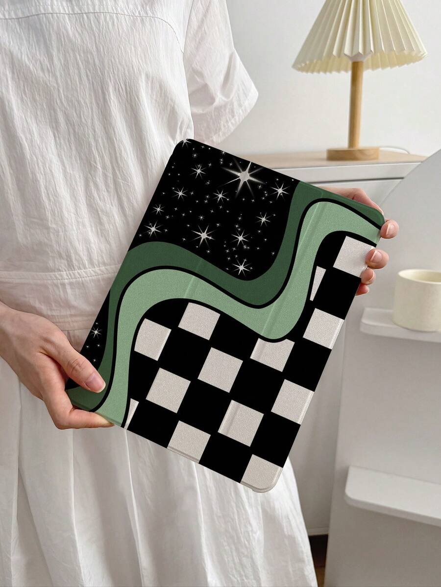 1个非对称棋盘格星形图案TPU保护壳，适用于 7/8/9、Air 5/4/3（第九代）、10.2英寸、Pro 11英寸（A16 2025）、第十代，带可折叠支架 - 彩色 - 查看 1