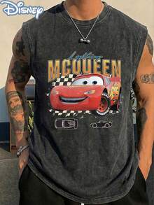 Disney Official Licensed Cars Lightning McQueen Checkerboard Vintage Washed 230g Tank Top Unisex - 黑色 - 查看 1