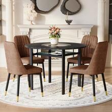 Modern Minimalist Round Table Set (With 4 Brown Technical Fabric Armchairs And Black Metal Legs), 100 Cm Diameter Round Table With Black Wood Look, Suitable For The Living Room. - Maroon - View 3