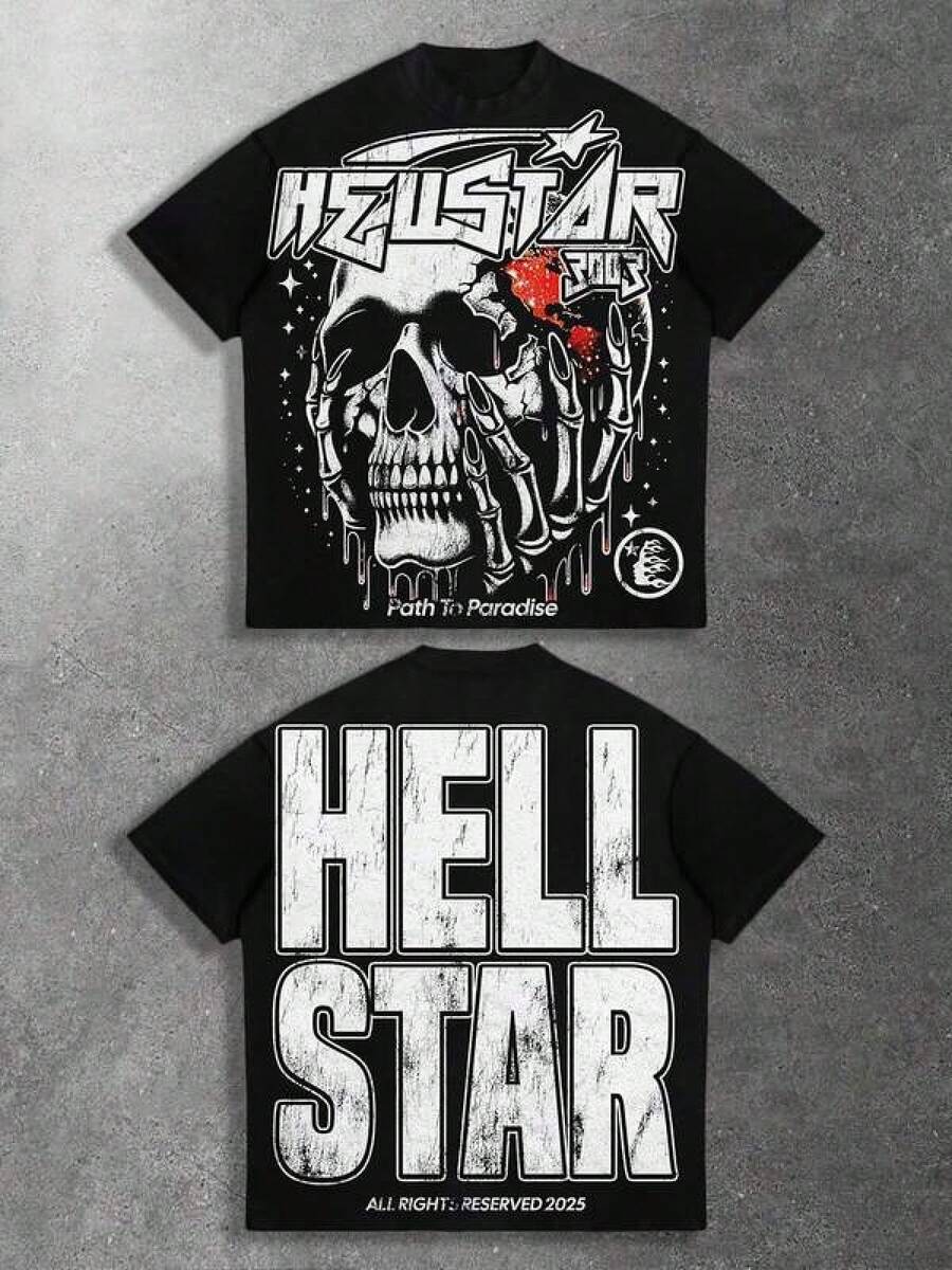 Printed T-Shirt Cotton Plus Size Men's Clothing, Hell Star Paradise Skull Flame Distressed Oversized Graphic Tee Men's Short Sleeve Pure Cotton T-Shirt Loose Fit, Y2K Streetwear Vintage Casual Punk Gothic Aesthetic Baggy 100% Cotton Pullover Gift ,Y2K,Oversized Shirt Men S-5XL,Summer Tops - Black - View 1