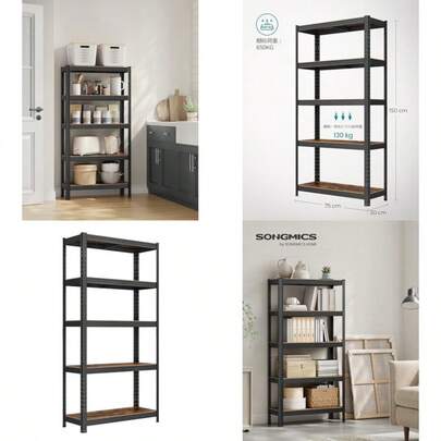 SONGMICS スチールラック 幅75cm オープンラック オープンシェルフ 防錆加工 5段 棚 ラック 総耐荷重650kg 高耐荷重 スチール棚 置物架 組立簡単 高さ調整可能 物置 作業台 倉庫用 ガレージ ブラック 75×30×150cm GLR030BZ03
