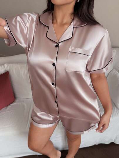 Dreamivo 女士优雅纯色短款真丝睡衣套装 - 短袖纽扣领上衣和裤子，柔软缎面睡衣，可机洗，可外穿
