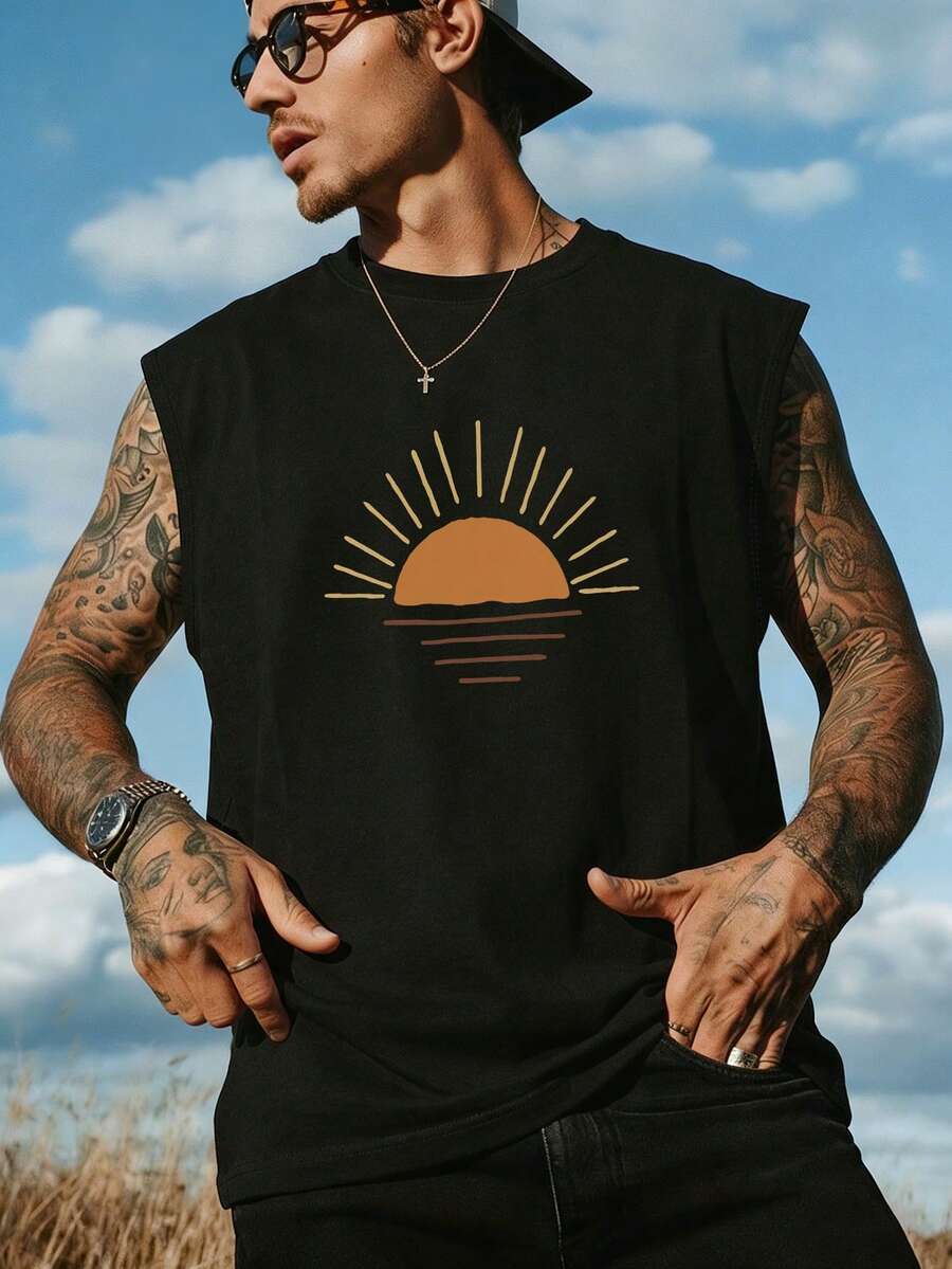 Áo tank top nam cổ tròn dáng rộng, in hình tranh phong cách tối giản lúc bình minh, hàng mới về mùa hè.