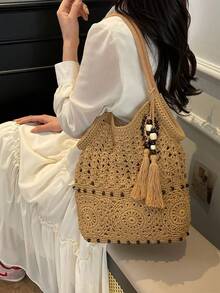 Women's Simple And Versatile, High-Quality, Large-Capacity Woven Tote Bag With Charm Embellishment, Perfect For Everyday Use And Vacations. - Khaki - View 7