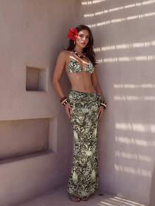 wohenmeili 女士夏季沙滩豹纹吊带系带性感比基尼套装，含罩裙 - 黑灰色 - 查看 4