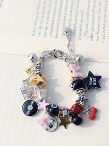 1pc Music Star Girl Charm Bracelet, Black Lucky Bracelet, Disco Ball Music Bracelet, Music Festival Headphone Guitar Bracelet, Retro Bow Bracelet - Silver - View 9