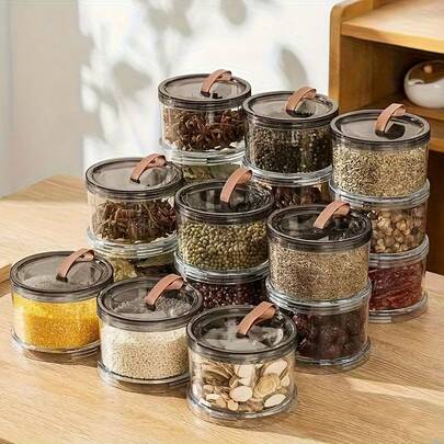 3-Layer Circular Hand-Held Spice Storage Box, Grain And Cereal Storage Jar, Pepper And Seasonings Storage Box, Multi-Layer Transparent Sealed Preservation Box, Material, Reusable Container, Storage Container, Suitable For Grains, Cereals, Snacks, Small Treats, Spices, Etc., Suitable For Storage In The Refrigerator Or Countertop, Food Organizer For Kitchen Cabinets In The Home