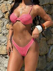 Women's Summer Red Plaid Print Bikini 2-Piece Set, Girly Style, Push-Up Bikini, Underwire Bikini, Beach Holiday Outfit, Swimwear, Women's Summer Dress, Women's Summer Clothing, Festival, Ibiza Island Outfit, Women's Swimsuit, Bikini Set, Women's Swimwear, Women's Beach Outfit, Holiday Set, Beach Dress, Women's Bikini Set - Multicolor - View 1