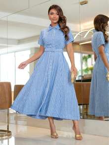 Rubia Maxi Midi Modesto Striped Shirt Dress – 100% Polyester Santorini, Functional Front Buttons And Belt - Blue - View 1