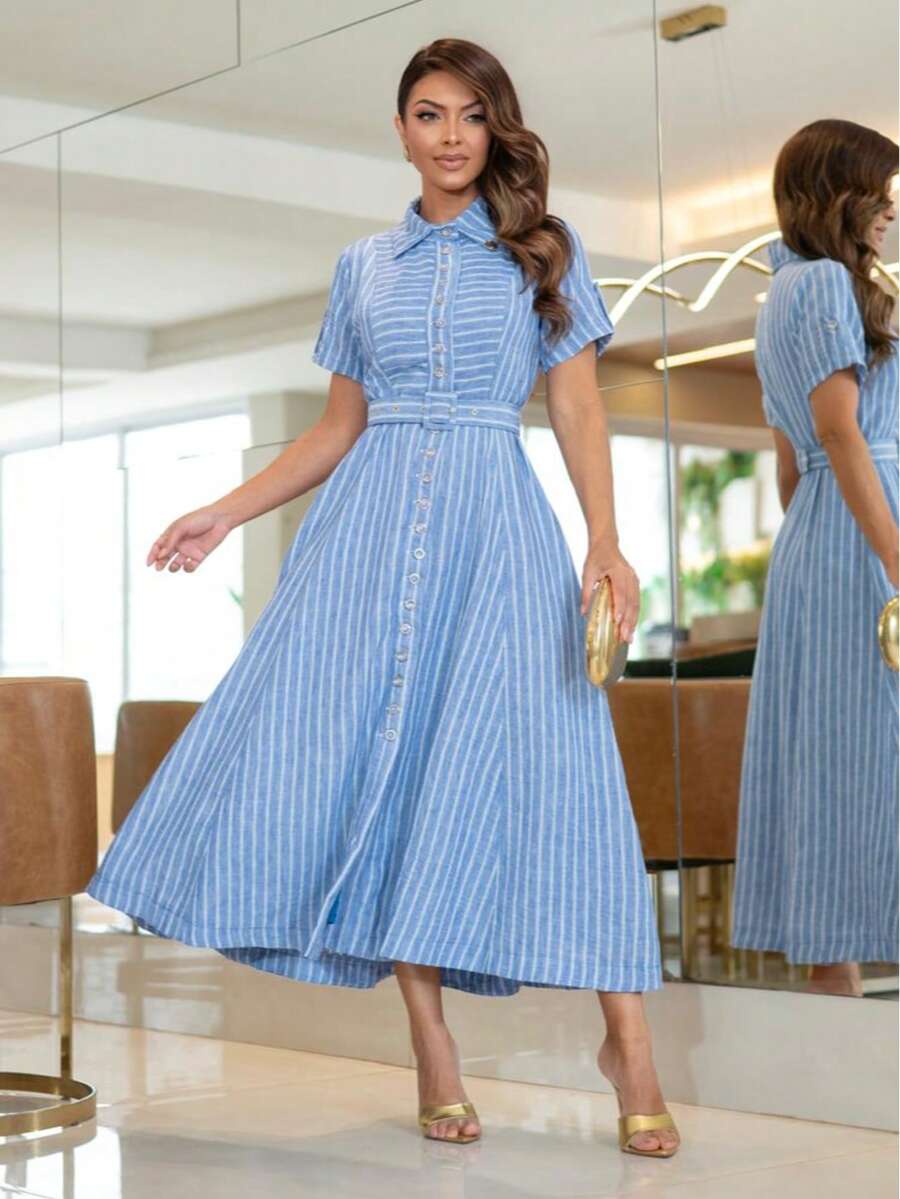 Rubia Maxi Midi Modesto Striped Shirt Dress – 100% Polyester Santorini, Functional Front Buttons And Belt - Blue - View 1