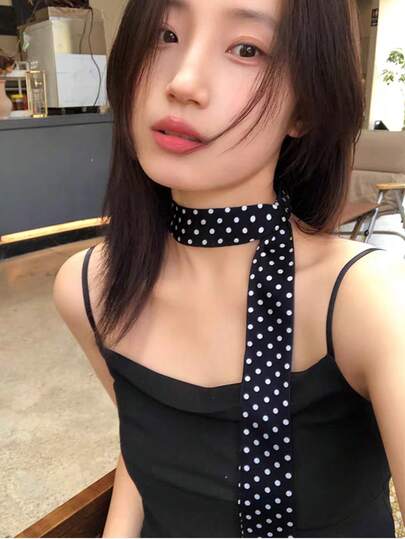 2025春季新款波点真丝围巾，时尚长款丝带围巾，多功能颈巾、头巾、腰带、包包装饰，女士适用