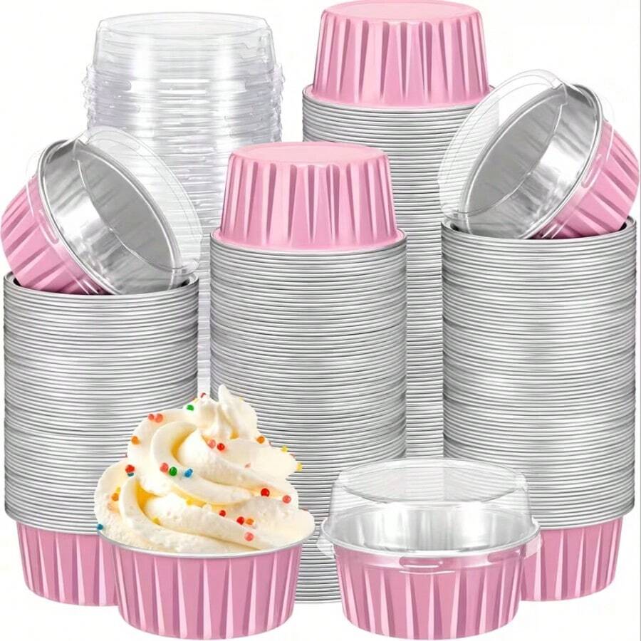 25/50pcs Pudding Cups With Lids - Mini Cake Boxes | Heat-Resistant Baking Cups | Round Foil Molds For Cheesecake And Fruit Cake Party Gifts, Suitable For Oven Home Use, DIY Cake Making Hobbyists Essential, Non-Stick Easy To Clean Mini Cups - Pink-1 - View 1