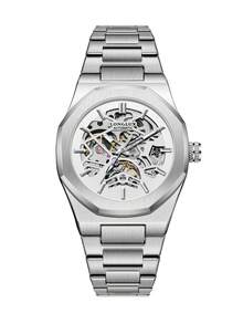 LONGLUX 1pc Men's Hollow Automatic Mechanical Watch With Butterfly Buckle Steel Strap, Minimalist Fashion Daily Wear, Suitable As Holiday Gift - White - View 6