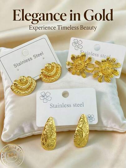 Stainless Steel Earrings, Golden Geometric-Shaped Stainless Steel Jewelry, Ladies' Earrings, Pituitary Earrings, Gold-Plated Hinge Round Earrings, Bamboo, Texture, Diamond Cutting, Hexagon, Square, Circle, Heart Shape, Teardrop Shape, Butterfly Shape, Leaves, Flowers, Irregular Shapes, Sturdy Hypoallergenic Earrings, Suitable For Sensitive Ears, Ladies' Charming Accessories, Middle Eastern Fashion Jewelry, Ramadan Decoration Jewelry And Accessories, Party And Festival Gifts (1/3 Pairs)