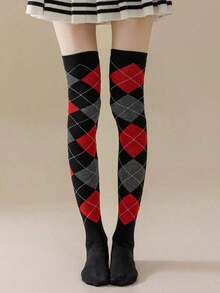 1 Pair Spring Autumn Winter Jk Dance Geometric Patterns Argyle Plaid Knee High Socks Thigh Over The Knee Socks, Y2k, Cozy - 36-39 - 查看 10