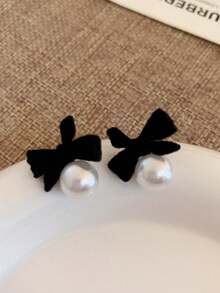 1 Pair Fashionable Versatile Elegant Delicate Bowknot Faux Pearl Earrings, Suitable For Women's Daily And Holiday Wear - Black - View 3