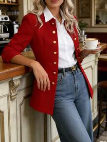 Lady's Elegant Double-Breasted Suit Jacket With Fashionable Long Sleeves, Featuring Flap Pockets Made Of Black Polyester Fabric - 紅色 - 查看 4
