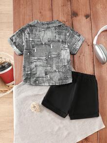 Set de 2 piezas de camisa de manga corta con estampado de denim falso + pantalones cortos para niños pequeños/niños, conjunto de verano para exteriores - Negro - Ver 2