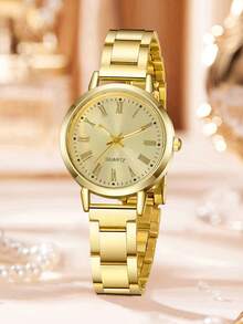 6件套女士合金石英手表首饰套装，包括手链、项链、耳环、戒指，优雅闪亮水晶，简约罗马数字表盘，适合日常佩戴、派对、节日，是送给朋友和母亲的理想礼物。 - 金色 - 查看 2