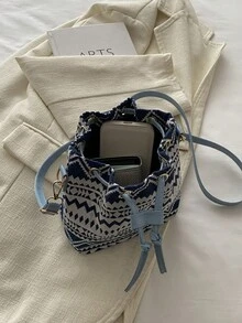 女士小号单肩包 波西米亚印花抽绳水桶包 斜挎包 长肩带 - 藍色 - 查看 4