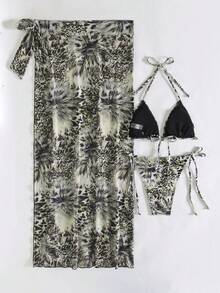 wohenmeili 女士夏季沙滩豹纹吊带系带性感比基尼套装，含罩裙 - 黑灰色 - 查看 2