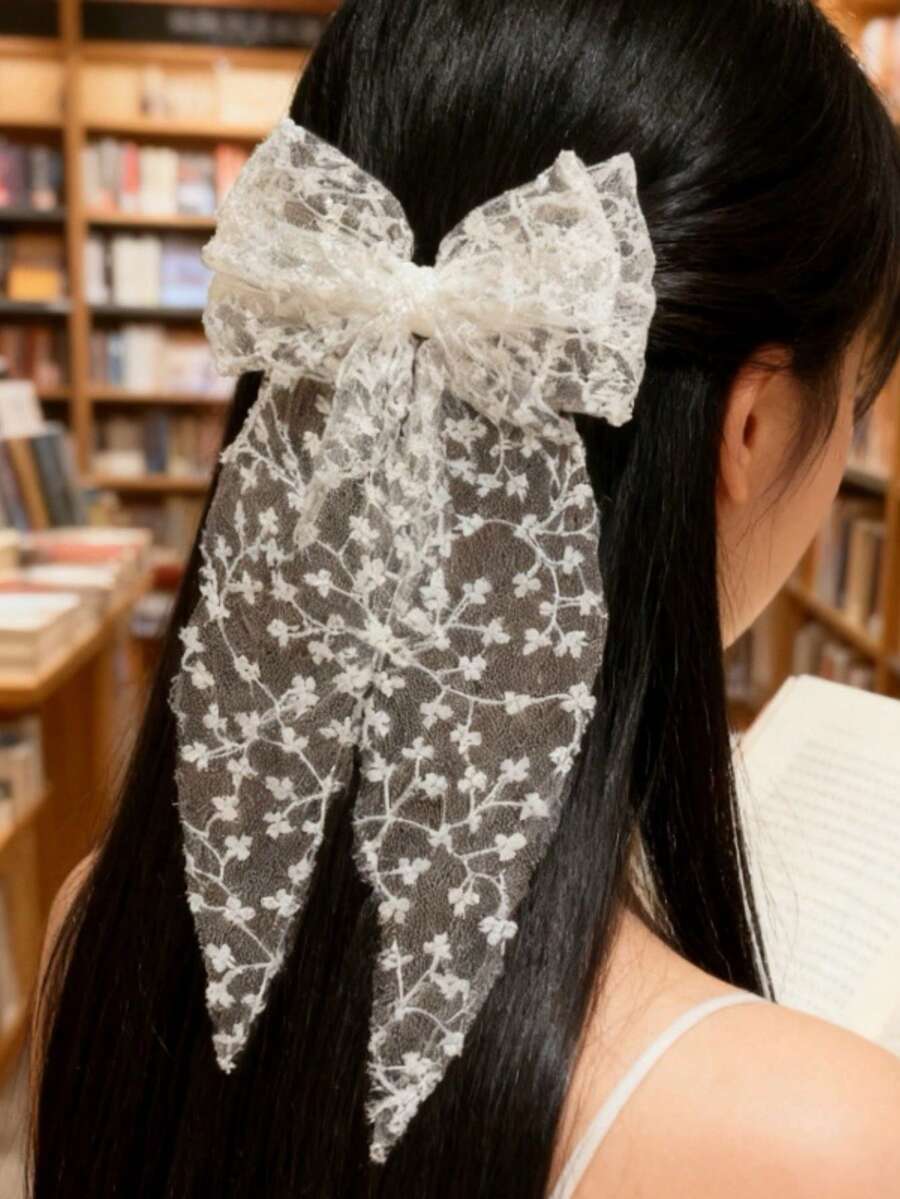 1Pc Sweet Fairy Lace Bow Hairpins | Spring Long Ribbon Embroidery, Women's Cute Bow Tie Accessories - Lace Style - View 1