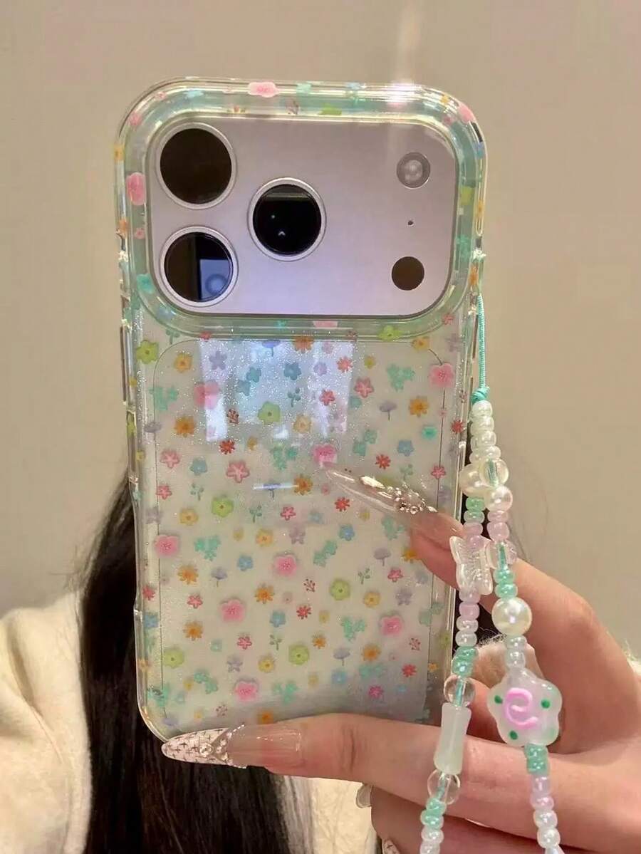 Spring/Summer INS Fresh Colorful Floral Phone Case Compatible With Apple 17 Pro Max, 16 Pro, 17, 14 Pro, 15 Pro, 18, 18 Pro Max, Transparent Double Layer Anti-Drop Phone Cover With Chain, Niche Style For Women - Multicolor - View 1